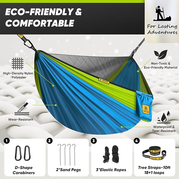 Kids Camping Hammock with Mosquito Net, 450 lbs Portable Hammock with Tree Straps, 2-in-1 Double/Single Travel Hammocks for Children, Hammock for Outside/Indoor/Backpacking/Beach - Sky Blue & Green