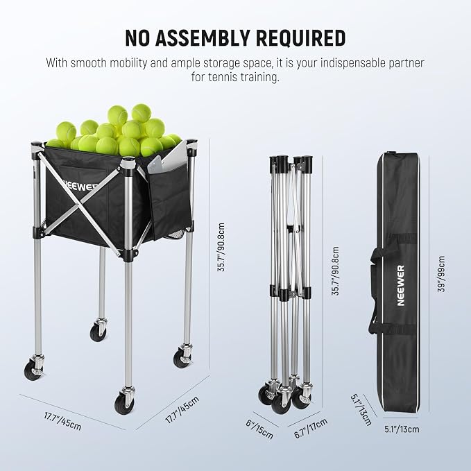 NEEWER Tennis Ball Hopper, Pickleball Retriever Collector Basket Cart Holder Tennis Court Equipment Accessory for Training Teaching