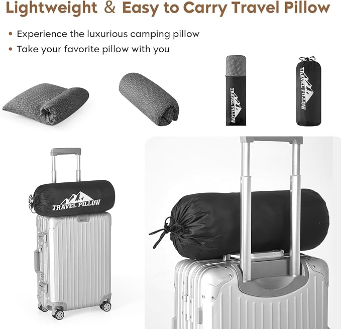 Travel Pillow Compressible Camping Memory Foam Pillow - Dark Grey S Size, Dark Grey M Size, Ideal Backpacking, Airplane and Car