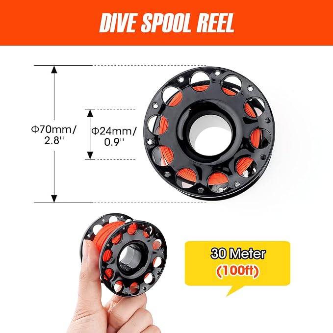 Surface Marker Buoy Set, 6ft Hi-Visibility Inflatable Closed Bottom Signal Tube Safety Sausage with 100ft/30m ABS Finger Spool Reel and Snap Kit for Underwater Scuba Diving