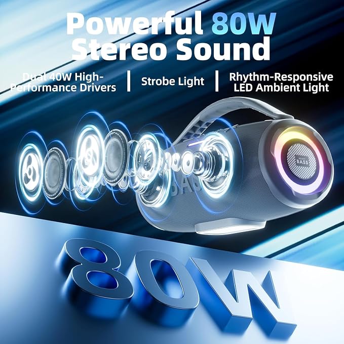HEAVY BASS Speakers Bluetooth Wireless, 80W Max Loud Portable Speaker with Bass, 20H Playtime, IPX6 Waterproof, Dual Pairing, Perfect for Outdoor Camping,Beach