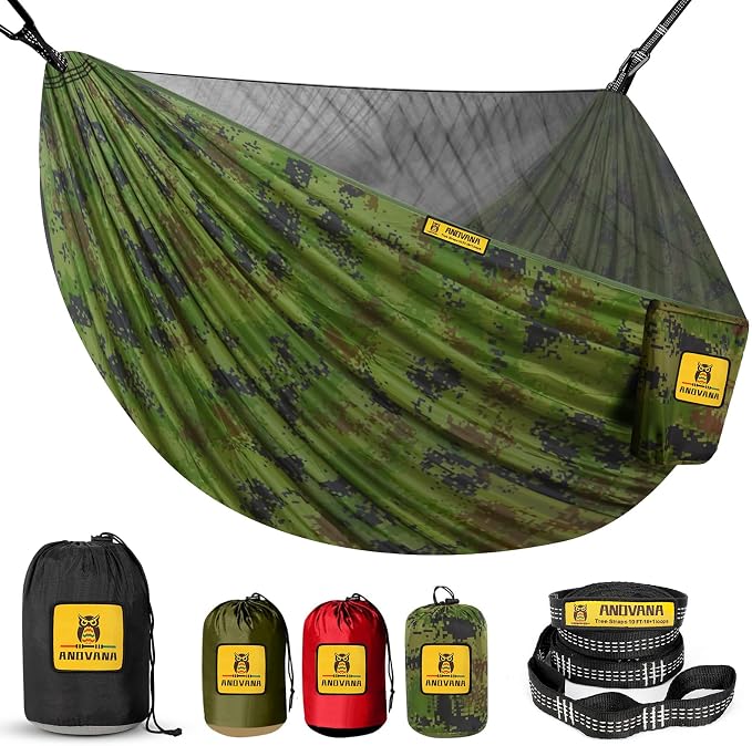 Camping Hammock with Mosquito Net, 500 lbs Portable Hammock with Tree Straps, 2-in-1 Double/Single Travel Hammock Tent for Outside/Indoor/Backpacking/Beach - Plaid Camouflage