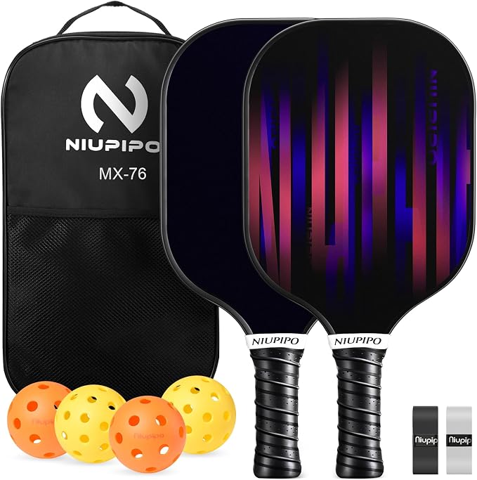 niupipo Pickleball Paddles Set of 2/4/1, USAPA Approved Carbon Fiber & Fiberglass Hybrid, Easy Power, Polypropylene Honeycomb Core, Cushioned 4.72" Grip, Bag/Cover, Pickleball Paddle Set for Men Women