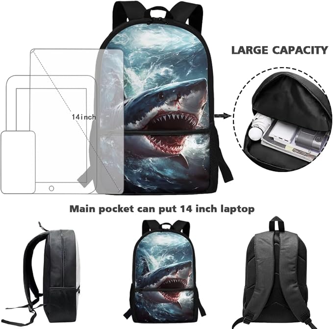 Shark Backpack for Boys with Lunch Box Kids School Bag and Lunch Bag Pencil Case Water Bottle Holder Set pf 4 School Accessories Back to School Supplies