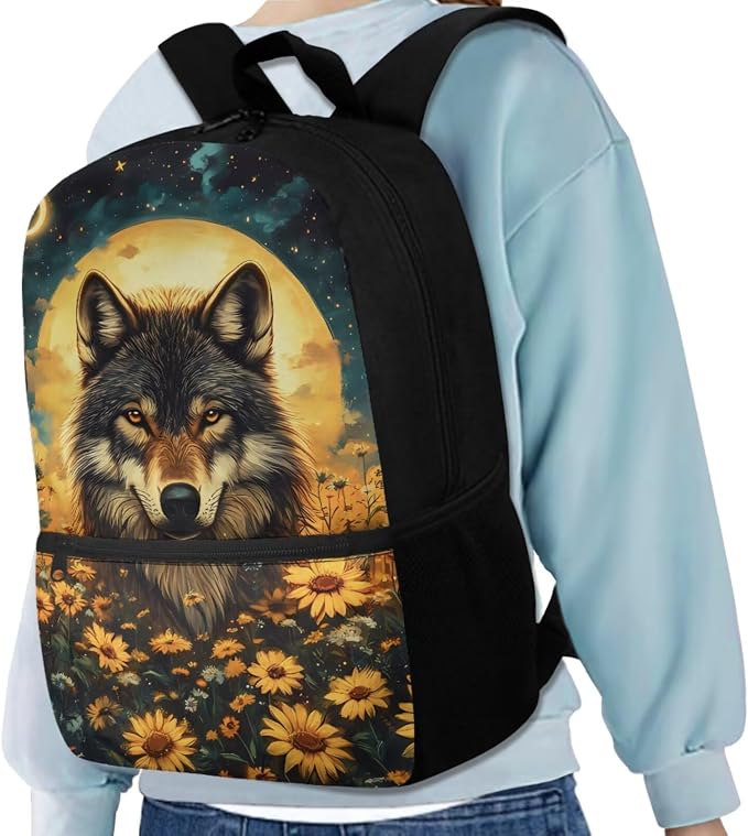 Wolf Backpack for Girls School Bag with Lunch Bag Pencil Case Water Bottle Holder Sunflower Kids Bookbag Set Back to School Supplies 4 Piece Rucksack Daypack Set