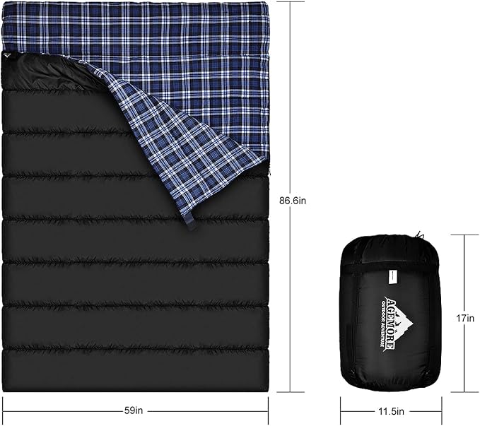 Cotton Flannel Double Sleeping Bag for Camping, Backpacking Or Hiking. Queen Size 2 Person Waterproof Sleeping Bag for Adults Or Teens. Lightweight with Compression Sack