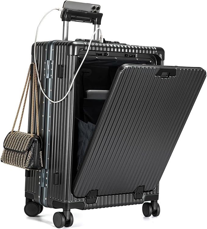 feilario Aluminium Frame PC Hard Shell Spinner Wheels Luggage,20.8"X15"X8.7 Airline Approved Built-In TSA lock Carry on Suitcase, with Cup Holder, USB Port, Phone Holder