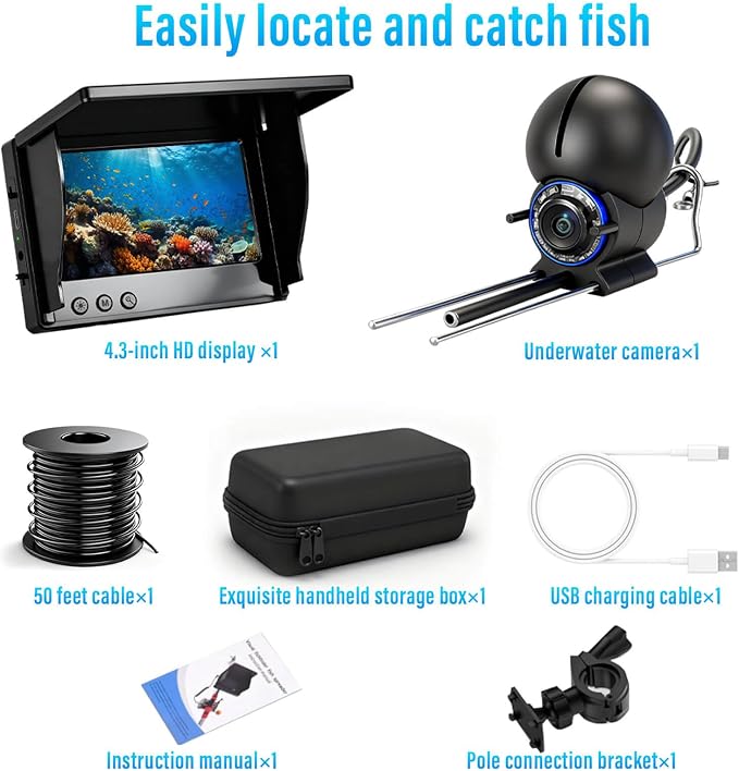 Fishing Camera, 220° Ultra-Wide 1080P HD Underwater Fishing Camera with 4.3" LCD & IR Night Vision, 50ft Cable for Ice Lake Boat Kayak Fishing