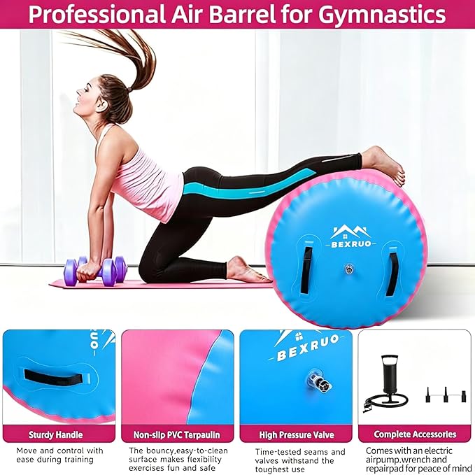 Gymnastics Air Barrel Roller, Inflatable Tumbling Roller Air Mat, Ergonomic Yoga Training Equipment, Barrel Trainer with Pump for Backhandspring, Cheerleading, Home, Gym & Yoga Practice