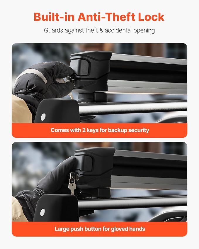 VEVOR Ski & Snowboard Roof Rack, Carry up to 4 Pairs of Skis or 2 Snowboards, 2 PCS Aluminum Universal Car Roof Rack Top Holder with Lock & Rubber Padding, Carrier for Fishing Rod, Fit Most Crossbars