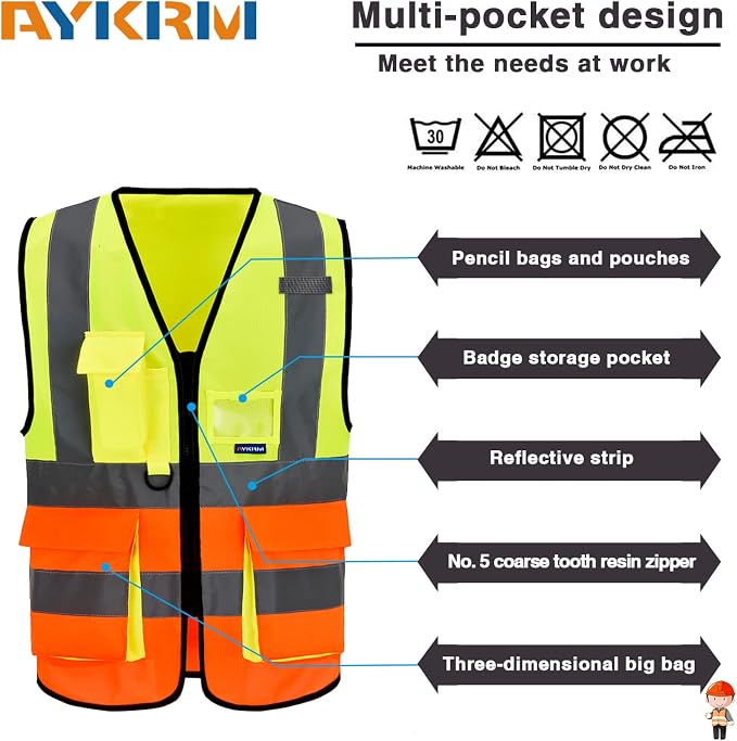Big and tll Safety Vest with Reflective Strips and Zipper, Yellow&Orange Color Mixed 6XL-8XL