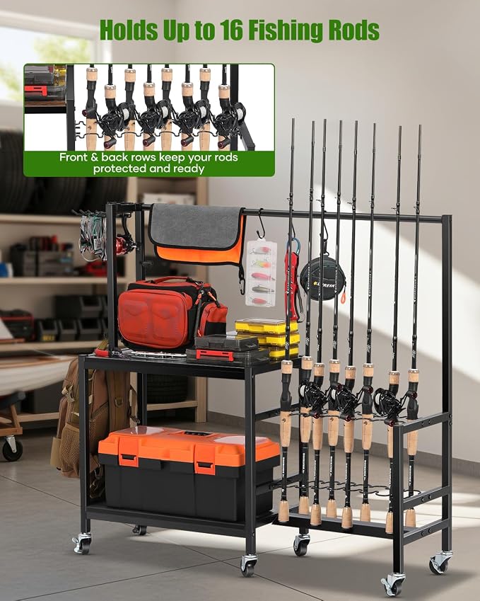 EXTCCT Fishing Rod Holders for Garage, Fishing Pole Rack Holds Up to 16 Rods with Hooks, Heavy Duty Rolling Fishing Cart with Wheels, Fishing Equipment Storage for Man's Gift (Black)