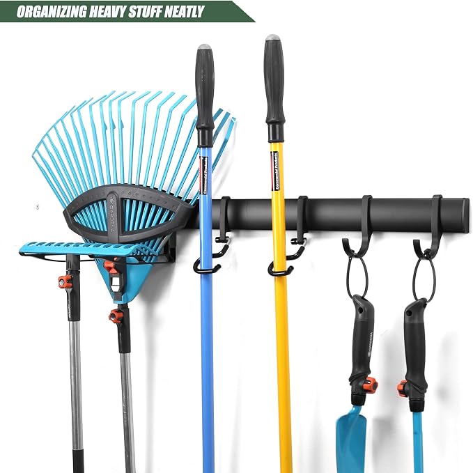 Wall-Mounted Rack With 6 Garage Hooks, Heavy-Duty Aerospace-Grade Aluminum Alloy Hooks Garage & Garden Storage for Shed, Workshop, or Home Organization – For Rakes, Shovels, Tools & More