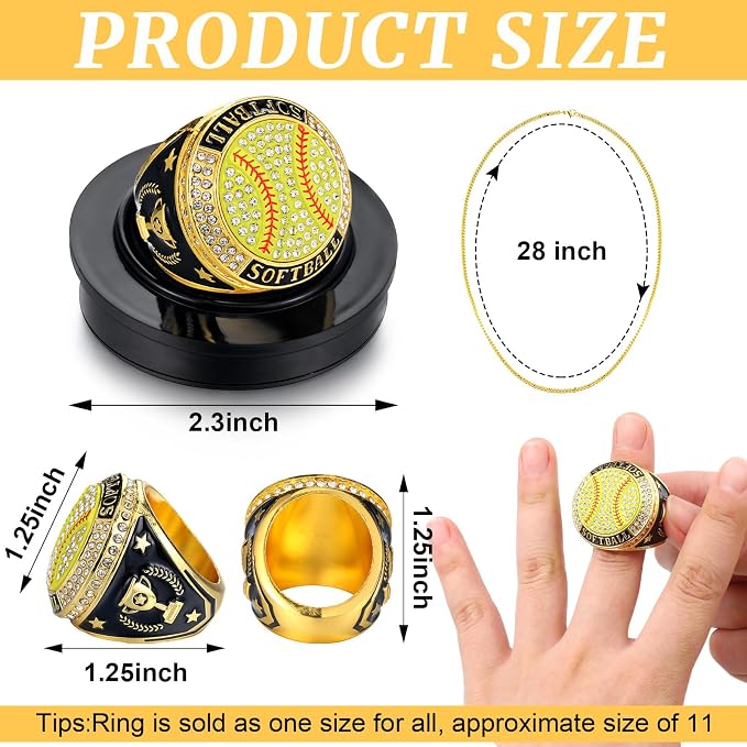 Highergo 1 PC Champion Mvp Rings Baseball Soccer Basketball Volleyball Football Softball Trophy Ring with Display Stand and Neck Chain Size 11 for Winner Tournament Award Gift(Baseball)