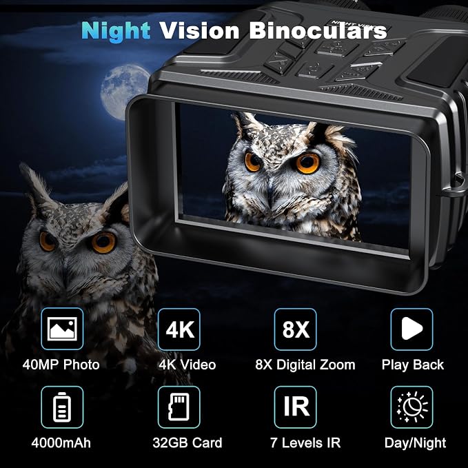 4K Night Vision Binoculars, 4.5'' HD Screen Night Vision Goggles Rechargeable 4000mAh with 7-Level IR & 8X Zoom for Camping Outdoor Exploration, Includes 32GB Card for Adults Wildlife