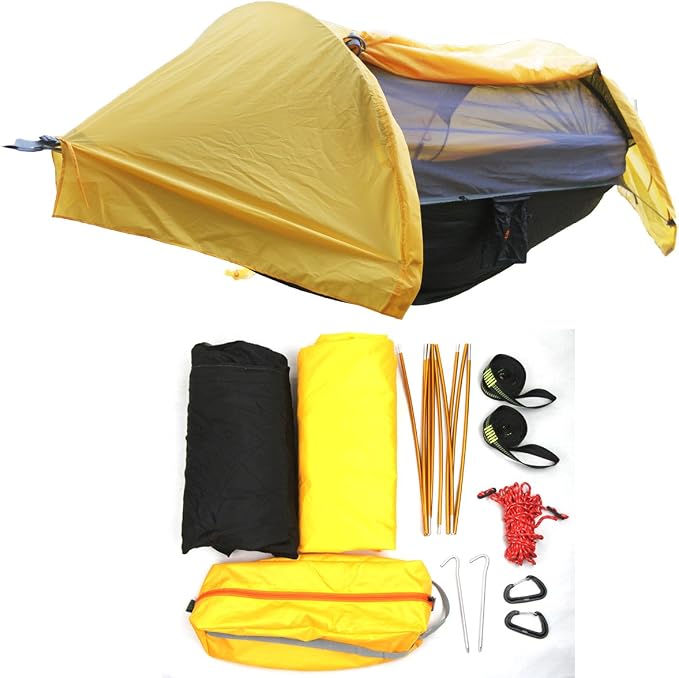 3 in 1 Hammock with Mosquito Net and Rain Fly Outdoor Hammocks Tents for Camping Backpacking Hiking (Orange, L)