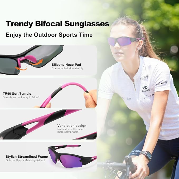 Attractive Bifocal Reading Sunglasses for Women, Durable TR90 Semi Rimless Wrap Around Design Sun Readers, UV400 Near-Far Sun Glass Built in Sports/Driving/Finshing, 3.0x
