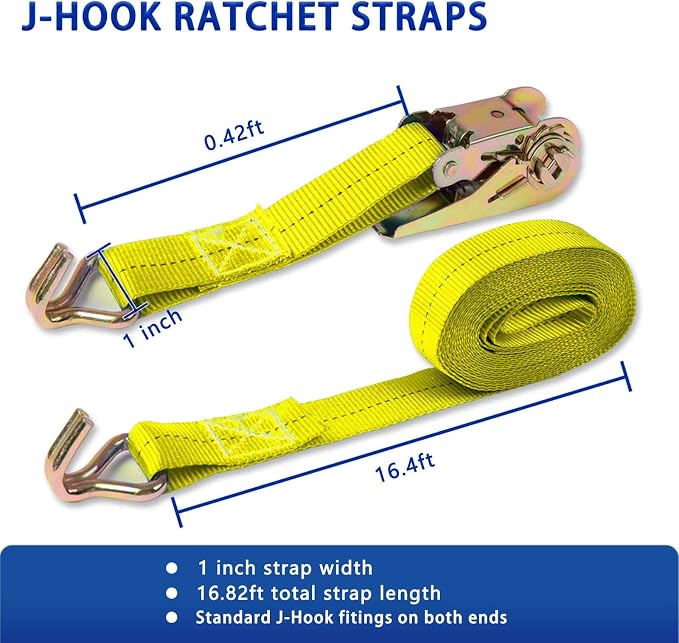Ratchet Straps (4-Pack), 1 Inch x 16.4 Feet (2200lb Break Strength) with Sturdy Metal Hooks, 1x Work Gloves, Heavy Duty Tie Down Straps for Truck, Cargo Trailer, Motorcycle, Luggage, Moving (Yellow)