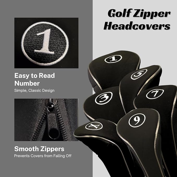 Black Golf Zipper Head Covers Driver 1 3 5 7 9 X Fairway Woods Headcovers Metal Neoprene Traditional Plain Protective Covers Fits All Fairway Clubs