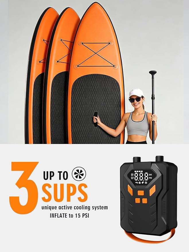 Electric Paddle Board Pump, High Pressure 20 PSI Rechargeable SUP Pump with Intelligent Dual-Stage Inflation & Deflation, Auto-Off for Surfing Kites, Tents, Boats and Stand Up Paddle Boards