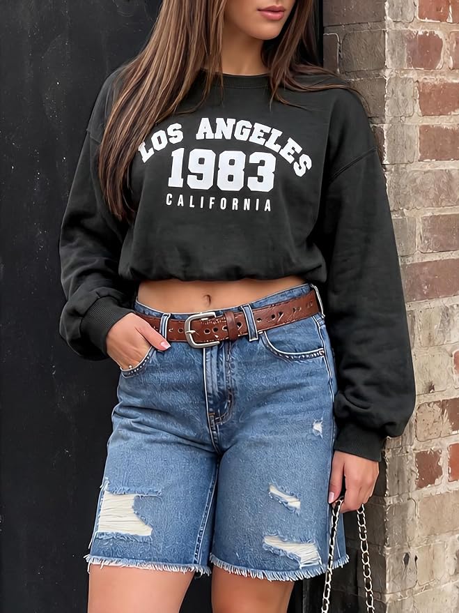 Flowyair Womens Crewneck Sweatshirt Los Angeles Elastic Waist Crop Tops | Long Sleeve, Loose Fit, Fall Spring, Pullover Tops, Round Neck, Elasticated Hem