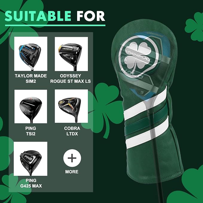 Headcovers, Leather Golf Club Covers, 1pc or 3pcs Set Lucky Clover Driver Headcover, 3 Wood Head Cover, Hybrid Rescue UT Headcover, Classic Golf Accessories