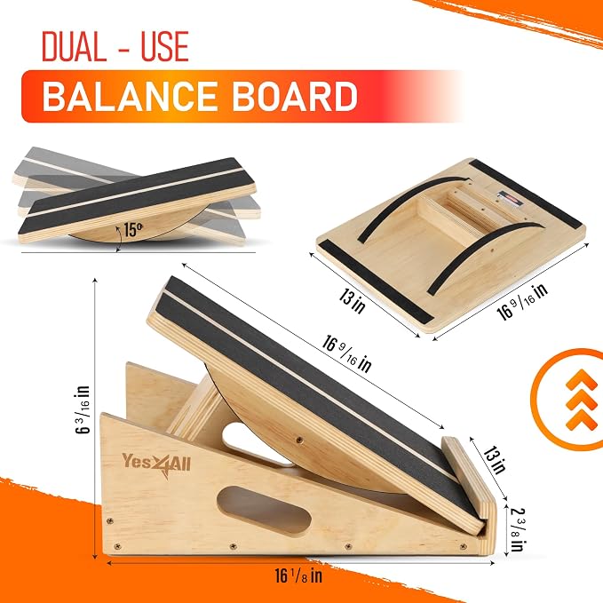 Yes4All 2-in-1 Professional Wooden Balance Boards & Slant Board, 400 lb Adjustable Incline Slant Board for Squats, Balance Boards for Adults + Engineering Wood Slant board & Balance board (2in1)