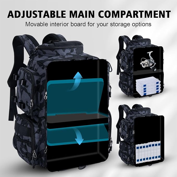 Goture Fishing Backpack, 900D Water-Resistant Tackle Backpack with Rod Holders, 45L Large Fishing Bag Storage Gear Tackle Bag with 8 Lure Pockets, Rain Cover for Camping Hiking(Without Tackle Box)