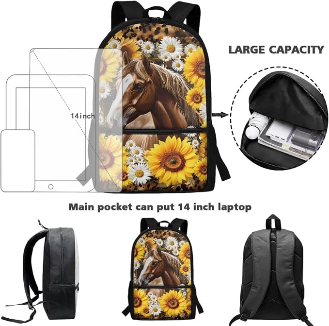 Horse Backpack for Girls School Bags with Lunch Bag Pencil Case Water Bottle Holder Sunflower Kids Preschool Bookbag 4PCS Elementary School Bag Back to School Accessories
