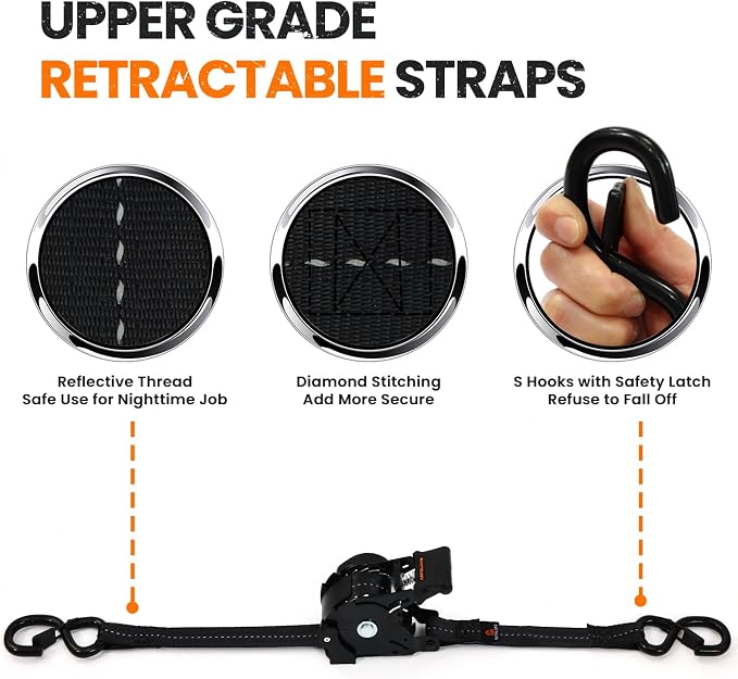 Retractable Ratchet Straps (2PK) - 1 in x 12 ft Automaitc Ratchet Tie Down Straps with Soft Loops, 1500lb Break Strength Self Retracting Strap for Motorcycle, Truck, Cargo, Trailer, ATVs, UTVs -Black