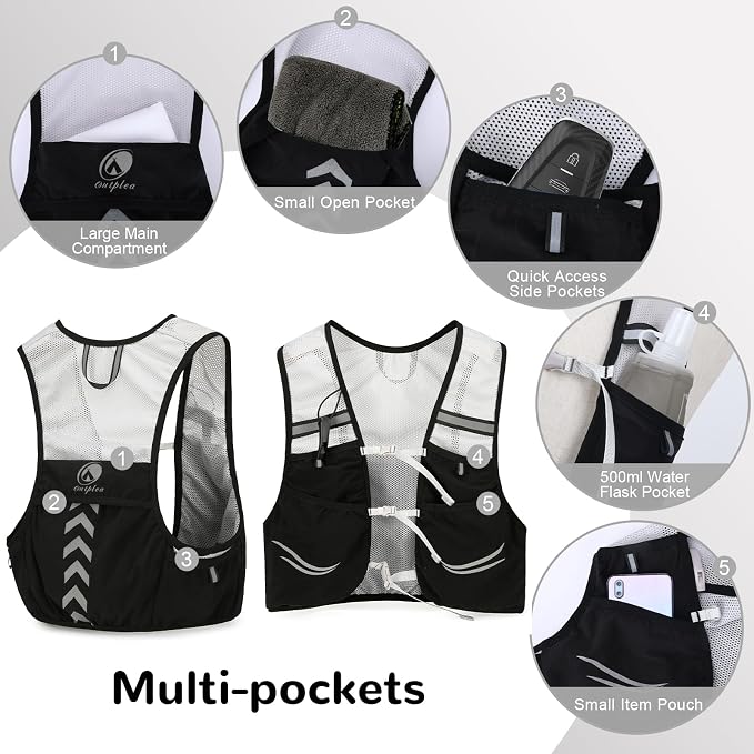 Lightweight Running Vest with 2pcs 500ml Water Bottle for Men Women, Reflective Water Vest Hydration Pack Hydropack for Hiking, M/L