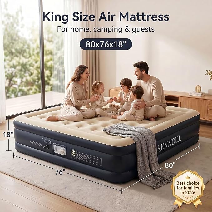 SENNOUL King Size Air Mattress with Built in Pump - Upgraded Blow Up Bed, 2 Mins Quick Self Inflatable/Deflation, 18"/750lbs Max, Strong Support,No Leakage,No Odor,for Home,Guests,Camping,Travel
