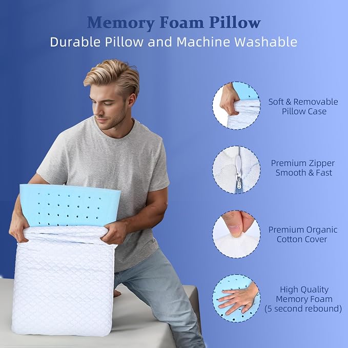 SofGlowly Ultra Thin Flat Pillows for Sleeping Standard Size Set of 2, Cooling Memory Foam Pillow 2.75 inch Height Ultra Thin Pillow,Slim Bed Pillows for Stomach Back Sleeper,16x25 Inch