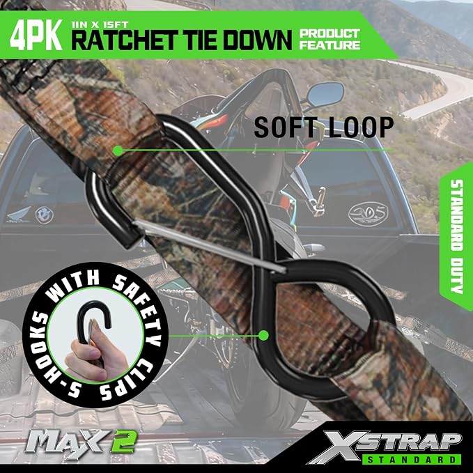 XSTRAP STANDARD 4-Pack Ratchet tie-Down Straps (1" x 15 ft) Feature Integrated Soft Loops, Padded Handles, Coated S-Hooks with Safety Clips, 1890 lbs Break Strength for Motorcycles, Trucks(Camouflage)
