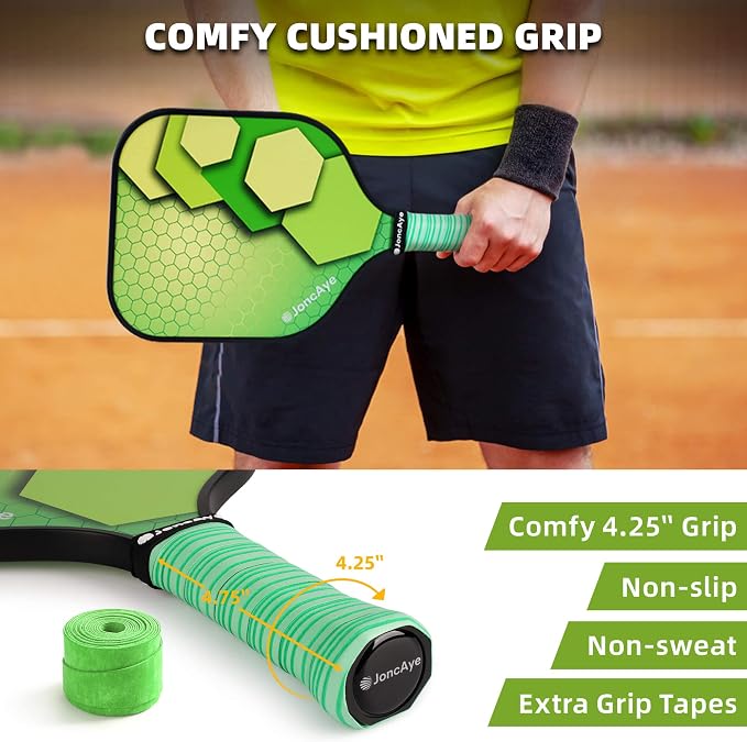 JoncAye Pickleball Paddles Set of 4 or 2, USAPA Approved Fiberglass Rackets with Outdoor Indoor Balls, Bag, Overgrip, Lightweight for Family, Professional Equipment for Beginners Intermediate