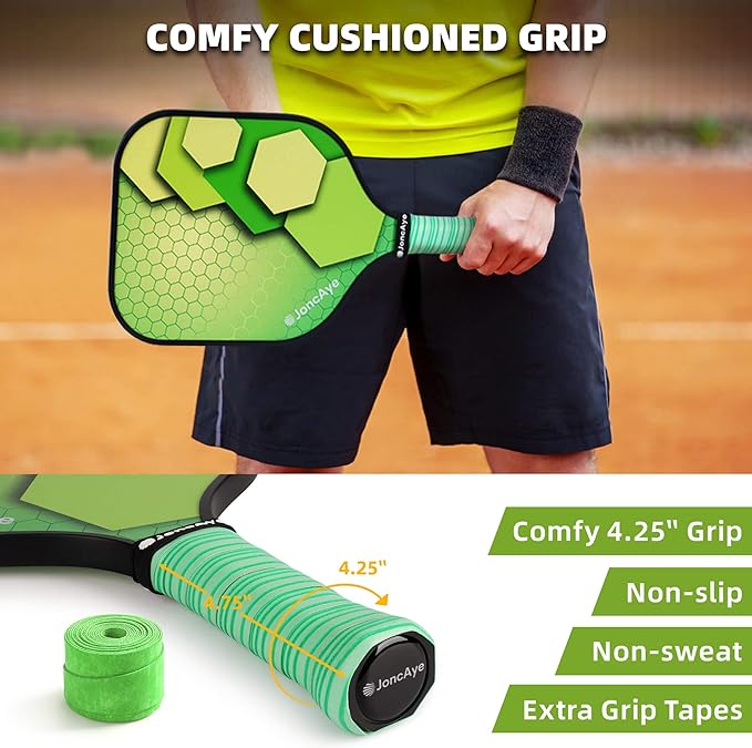 JoncAye Pickleball Paddles Set of 4 or 2, USAPA Approved Fiberglass Rackets with Outdoor Indoor Balls, Bag, Overgrip, Lightweight for Family, Professional Equipment for Beginners Intermediate