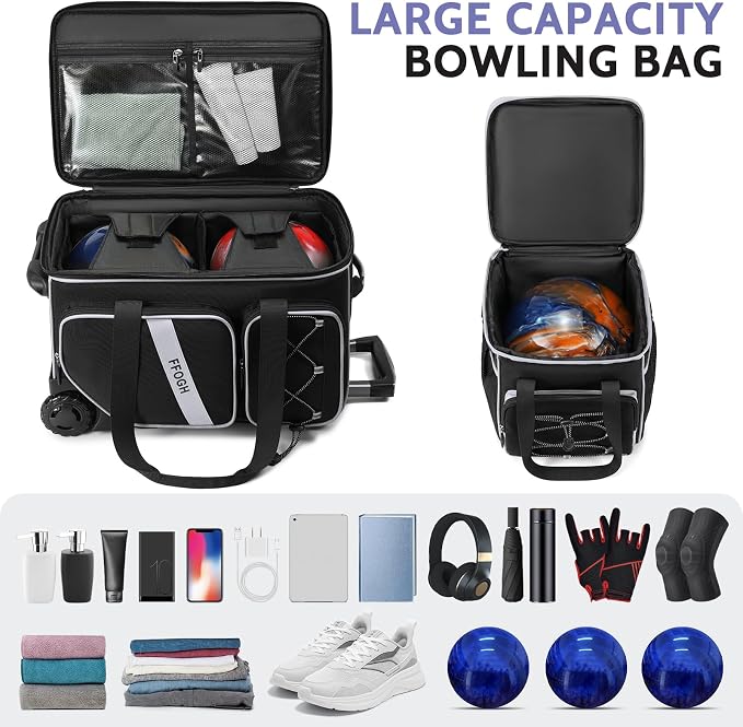 3 Ball Bowling Bag with Wheels, 2+1 Bowling Ball Bags Double Roller with Single Bowling Tote for Accessories, Multi-Pockets & Shoe Compartment (Fits Up to Size 15)