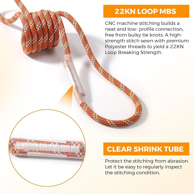 10mm Nylon Prusik Cord Pre-Sewn 24in Prusik Loop，22kN (4950lb) Sewn Eye-to-Eye Utility Cord for Arborist Tree Work, Rescue, Rappelling & Aerial Operations