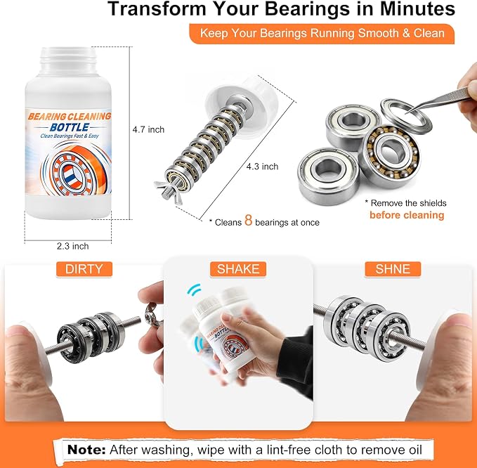 Skate Bearing Cleaning Kit – Portable Complete Bearing Maintenance System with Cleaning Bottle, 200ml Cleaner, 100ml Lubricant Oil, Bearing Press Puller & T Tool for Skateboard & Roller Skates
