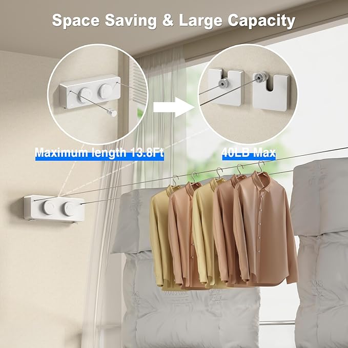 MUSTORN Retractable Twin Clothesline Indoor, Non-Sagging Outdoor Clothes Line Retracting Heavy Duty Clothes Drying Laundry Line Wall Mounted Stainless Steel Line-13.8Feets(Double Line-White)