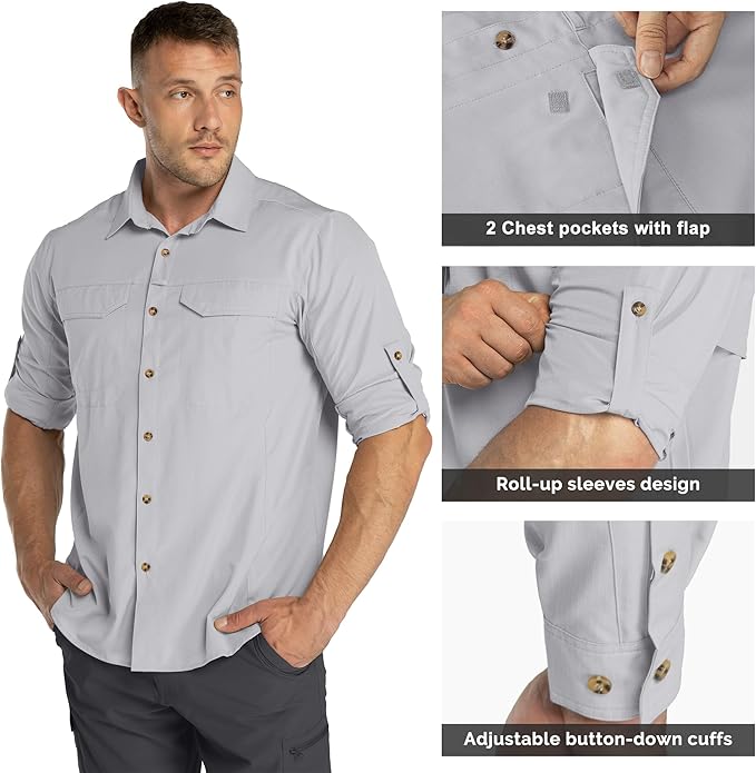 33,000ft Men's Long Sleeve Hiking Shirts Lightweight Quick Dry Sun Protection UV UPF 50 Fishing Shirt Outdoor Safari Travel