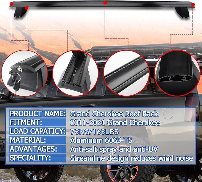 Roof Rack Cross Bars Compatible with 2011-2021 Grand Cherokee with Grooved Side Rails, Luggage Carrier CrossBars for Rooftop Cargo Luggage Kayak Bicycles Canoe with Grooved Side Rails
