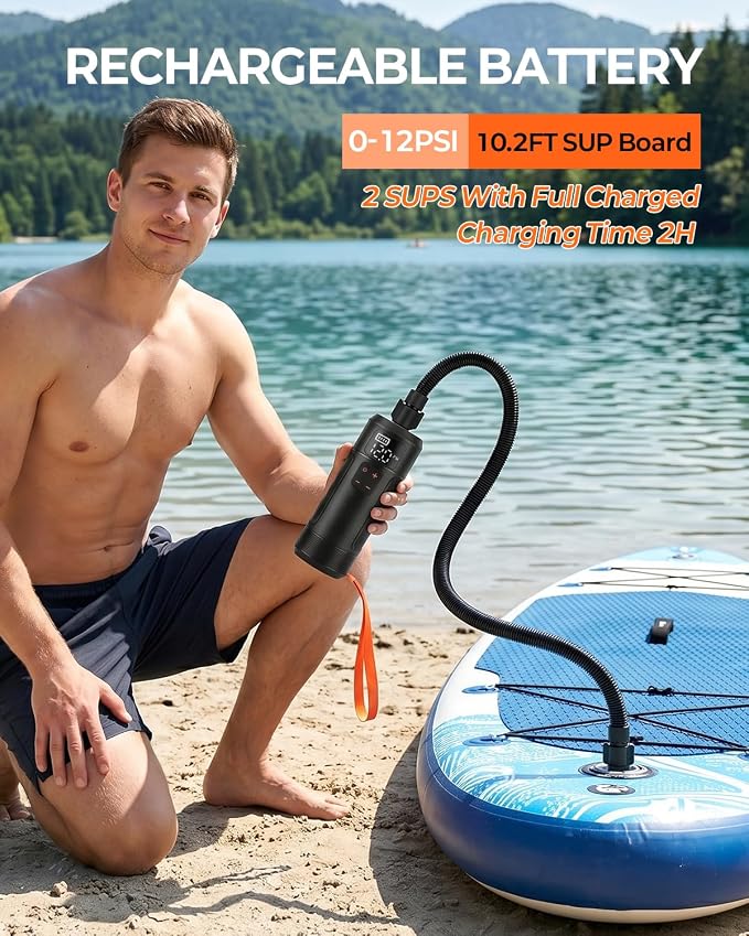 Compact Rechargeable SUP Pump, Lightweight Cordless Electric Paddle Board Pump, 12 PSI Portable Inflator with Auto Shut-Off for Stand Up Paddle Boards, Kayaks and Pool Floats