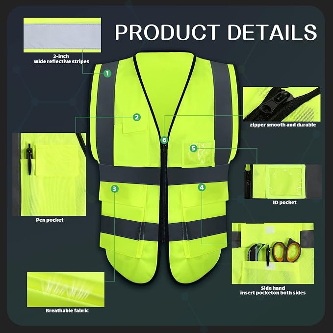 JaGely 15 Pack Reflective Safety Vests with Pockets and Zipper Construction Work High Visibility Vest for Men Women(Large,Fluorescent Green)