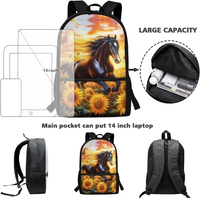 Horse Backpack for Girls School Bags with Lunch Bag Pencil Case and Water Bottle Holder Sunflower Bookbag Purse Large Capacity School Supplies 4 in 1
