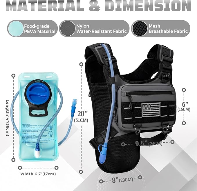 Running Hydration Vest with 2L Water Bladder， Lightweight Adjustable Hydration EDC Chest Pack for Men and Women, Water Backpack for Hiking, Cycling