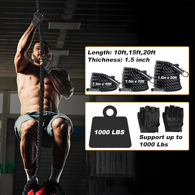 Climbing Rope Gym Workout - 1.5 Inch Dia 10FT 15FT 20FT 25FT 30FT 35FT 40FT 50FT Heavy Duty Work Out Rope Exercise Climbing Ropes for Adults Kids Fitness & Strength Training Outdoor & Indoor - Black