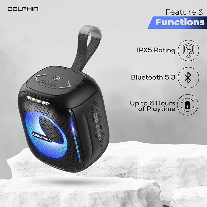 Dolphin S10 Portable Bluetooth Speaker - LED Lights - IPX5 Water Resistant Wireless Speaker - 5W Stereo Sound - Bluetooth 5.3-6H Playtime - Compact Mini Speaker for Beach Pool Fitness Travel Outdoor