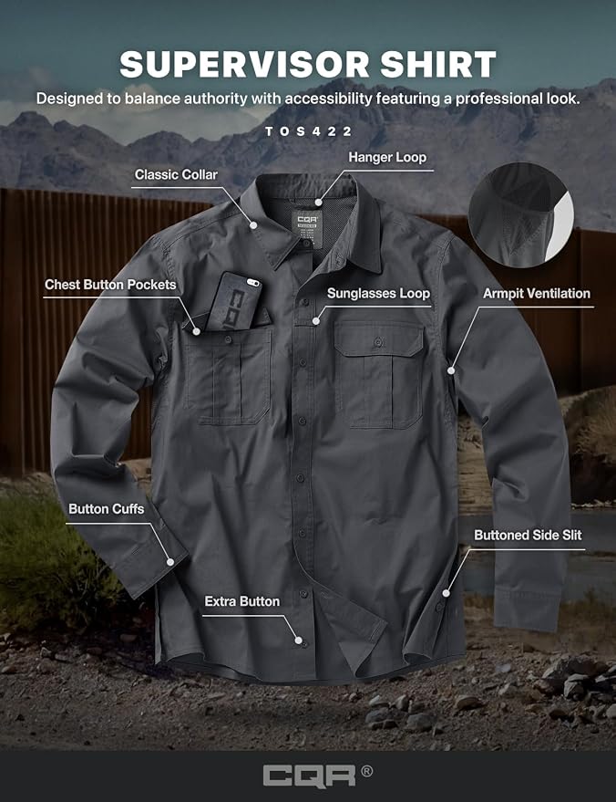 CQR Men's Long Sleeve Tactical Shirts, Ripstop Military Work Shirts, UPF 50+ Breathable Button Down Outdoor Hiking Shirt