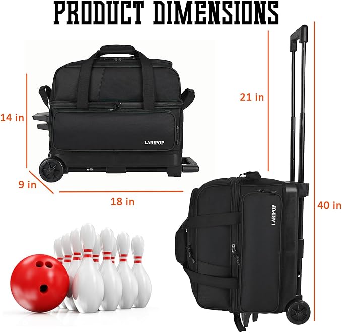LARIPOP 2 Ball Bowling Roller Bag, Wheeled Bag with Shoe Compartment, Telescopic Handle & Padded Protection for Men Women